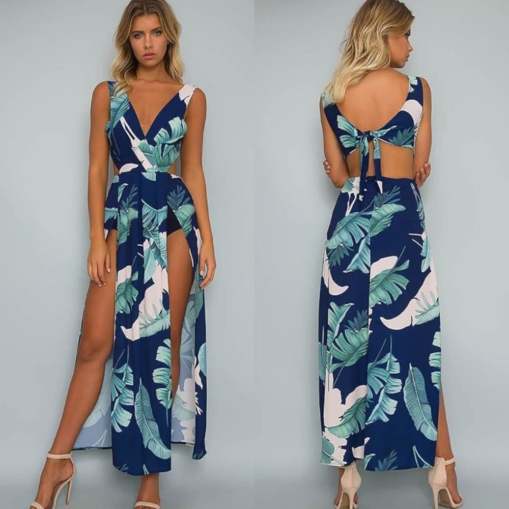 Elegant Tropical Print Maxi Dress